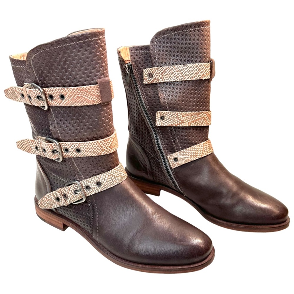 BURBERRY WOMEN'S BROWN LEATHER PULL ON 3 BUCKLE ANKLE BOOTS SIZE: 38